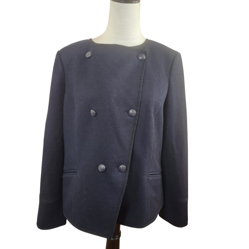 Talbots Petites Navy Blue Double Breasted Textured Blazer Jacket Womens 14P